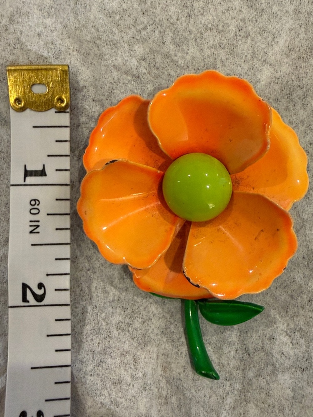 Vintage Hand-Painted Orange Flower Brooch with Green Center and Stem